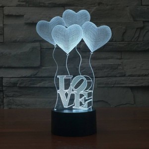 Lampada illusione 3D creativo Scolorimento colorato Luci notturne a LED 3D Cuore d'amore Decorazione per camera da letto in acrilico con lampada da matrimonio