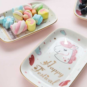 InsFashion delizioso piatto rettangolare in ceramica con gioielli e snack con motivo a unicorno per set regalo per bambini