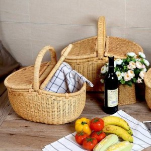 Cestino della frutta del cestino della spesa del rattan con il cestino di stoccaggio all'aperto del cestino di picnic del coperchio